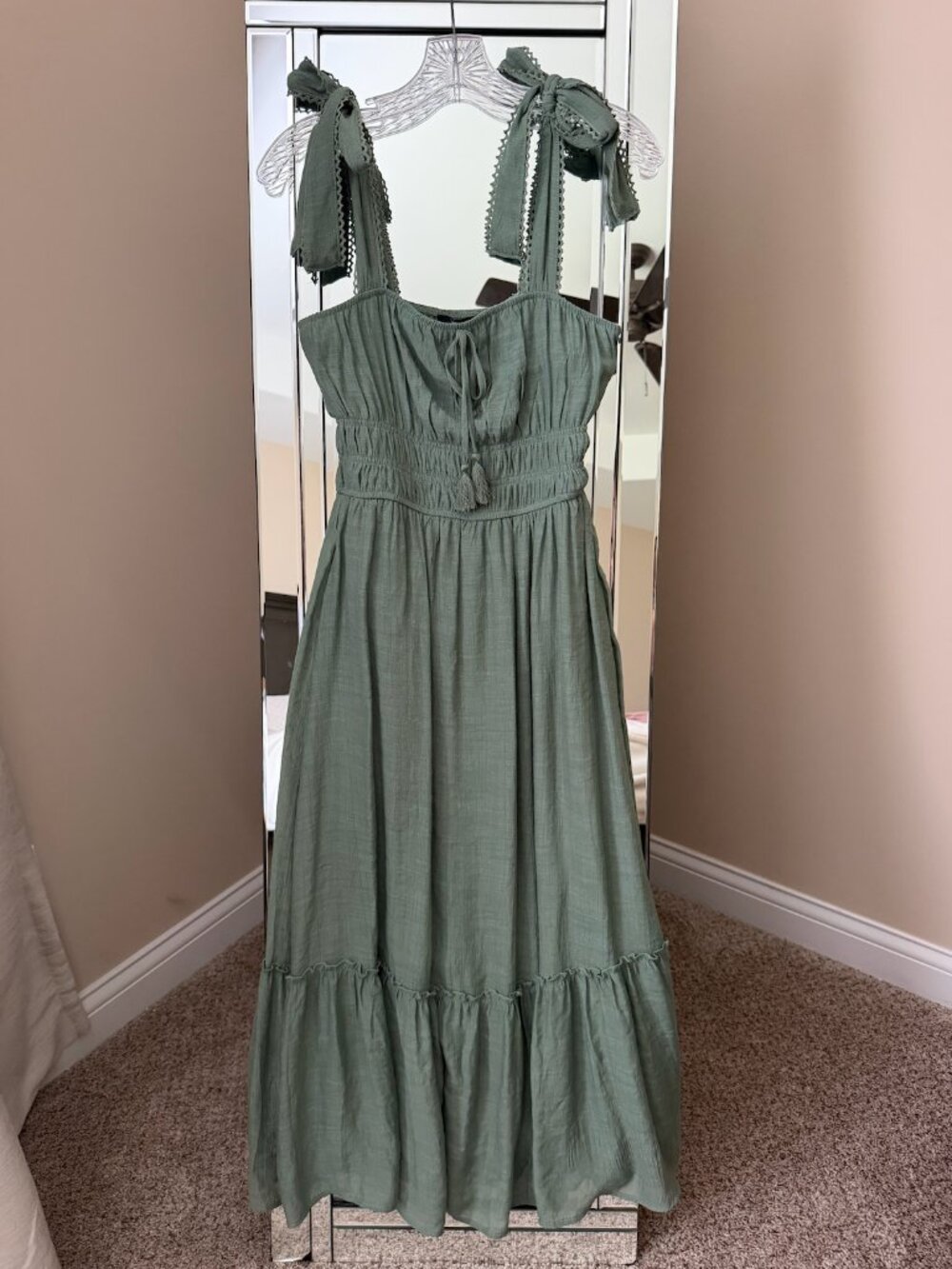 Trixxi sage green midi dress smocked bodice adjustable tie-shoulder straps small